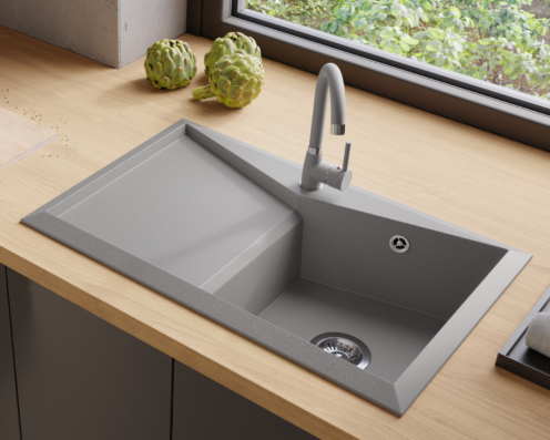 КОМПЛЕКТ VERY GRAY: Гранитна мивка Diamond 1.0 + СМЕСИТЕЛ + СИФОН